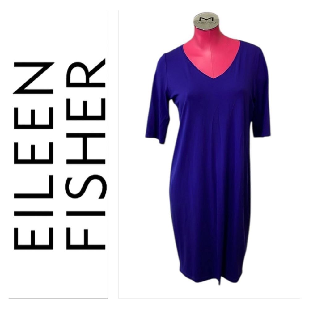 Eileen Fisher Dress Blue Purple Jersey Stretch V-Neck Short Sleeve M Nordstrom
